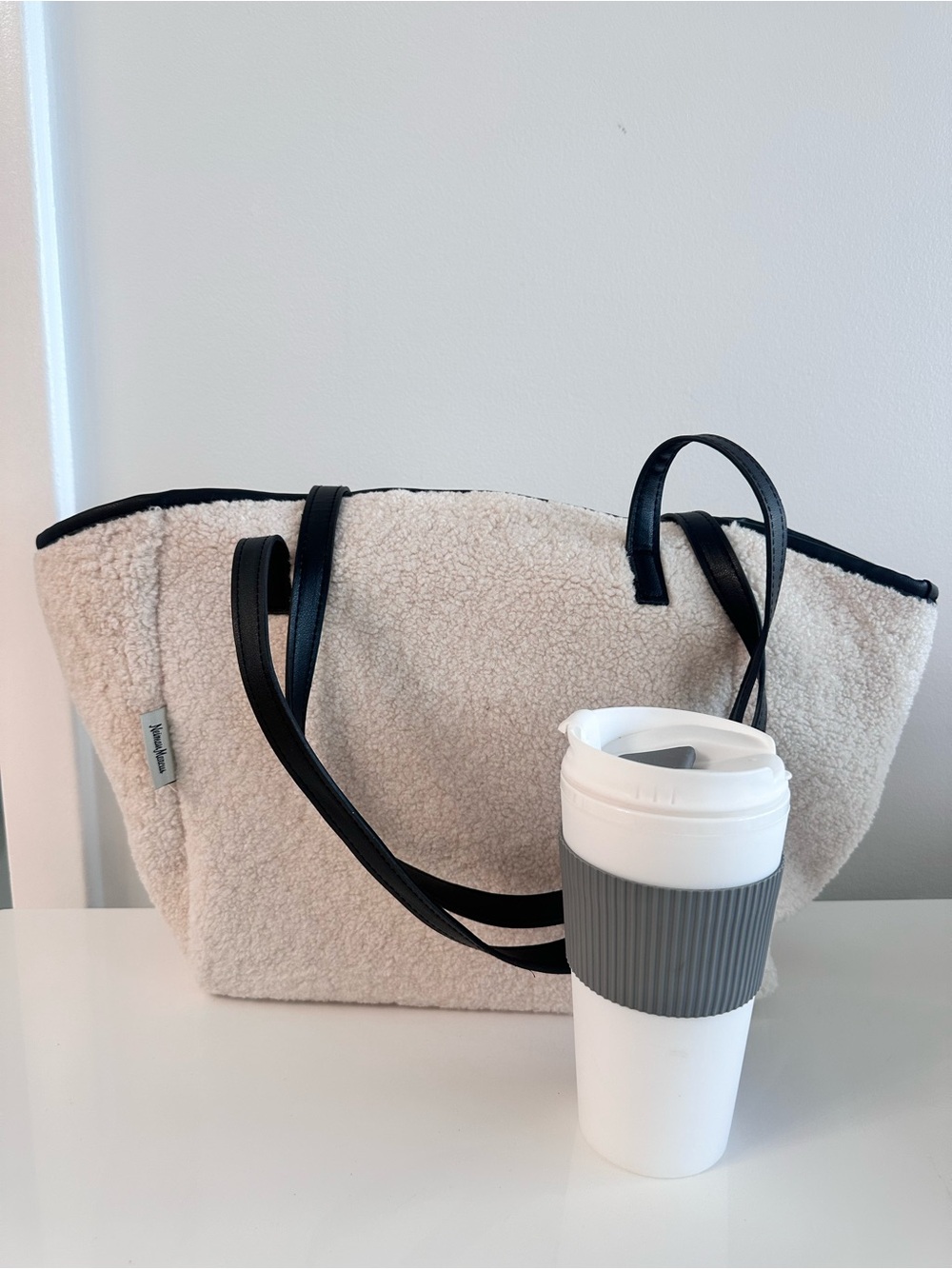 Neiman Marcus bag Cream Sherpa Tote with Black Trim and Straps